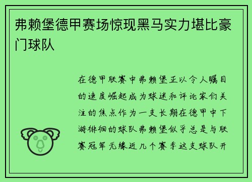 弗赖堡德甲赛场惊现黑马实力堪比豪门球队