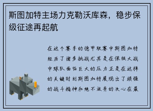 斯图加特主场力克勒沃库森，稳步保级征途再起航